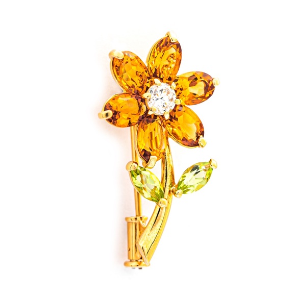 AIG Certified 5.20ct Natural Citrine Peridot Zirconia Floral Brooch - 18K Gold - Picture 4 of 8